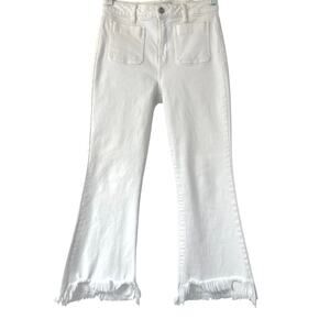Hidden Happi Cropped Flare Stretch Jean White Denim Patch Pocket Size 28 Raw Hem